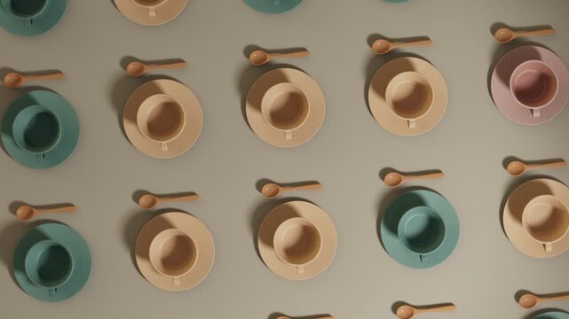 Pattern of colorful tea cups and wooden spoons on grey.