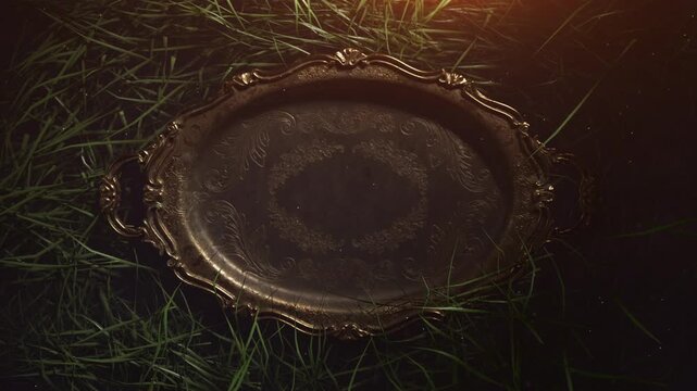 Vintage ornate metal tray lying on green grass in sunlight.