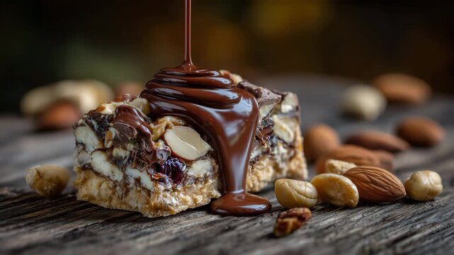 126Artisan chocolate bar filled with mixed nuts, sliced open on a wooden surface, thick chocolate drizzle flowing slowly off the edge, macro food photography, rich highlights and shad