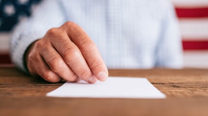 Obraz premium Hand reaching for blank paper near American flag background