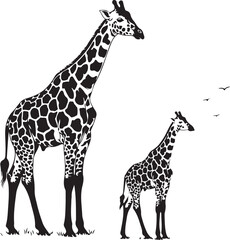 Naklejka premium white background giraffe mother baby black silhouette vector