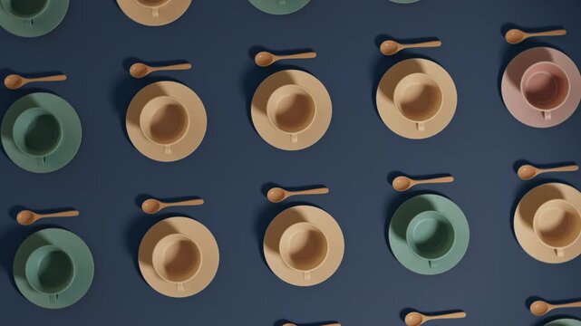 Symmetric pattern of tea cups and spoons on dark blue.