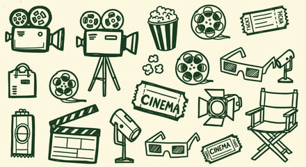 Fototapeta premium Cinema movie icons set film industry elements retro style