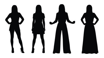 Silhouettes of four women in varying poses and outfits against a white background