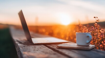 Working with a laptop and coffee during sunset by a flower field