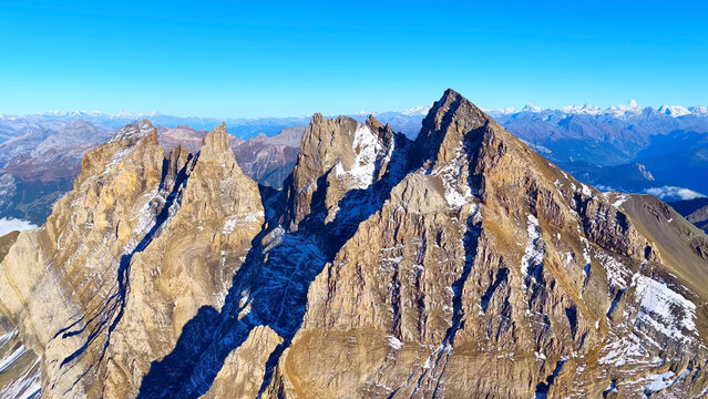 Close Aerial View of the Dents du Midi Peaks (3257 m) in the Swiss Alps with Dramatic Rocky Cliffs and High Alpine Landscape