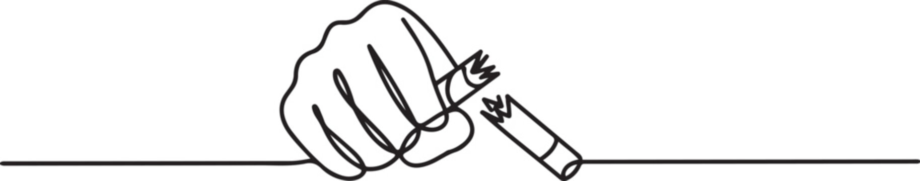 Concept of human hand breaking cigarette in hand. the person who made the decision to quit smoking drawing style. one line Icon drawing