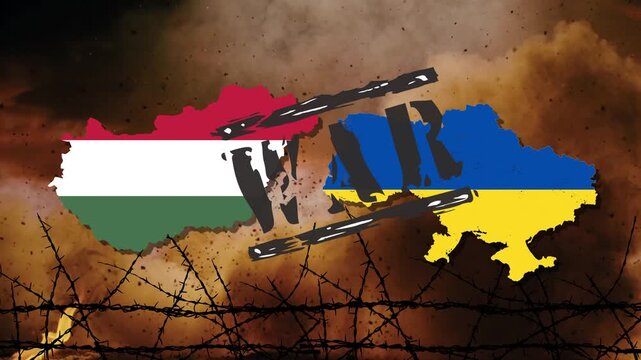 Hungarian and Ukrainian flags, smoke, fire, and barbed wire on a 3D map. Illustrating the conflict and war between the two countries and the world.