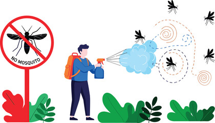 Community worker spraying insect repellent to stop mosquitoes, dengue prevention concept, pest control protection, public health safety illustration vector campaign © NASRIN