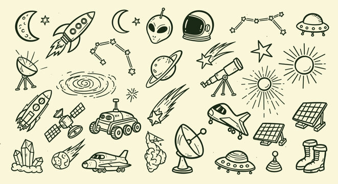 Space exploration and cosmic elements doodle collection