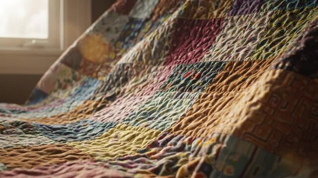 Close-up of a vibrant patchwork quilt with intricate stitching and textured fabric draped near a window