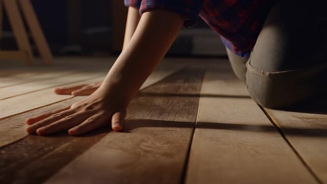 Person touching wooden floorboards in slow motion, symbolizing craftsmanship and quality flooring installation