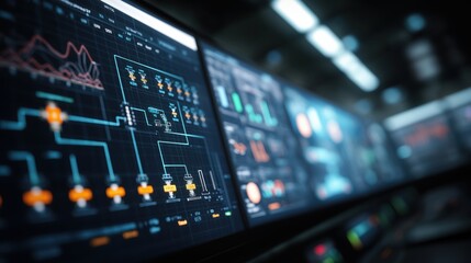 Obraz premium Advanced technology control panel displays with data graphs 