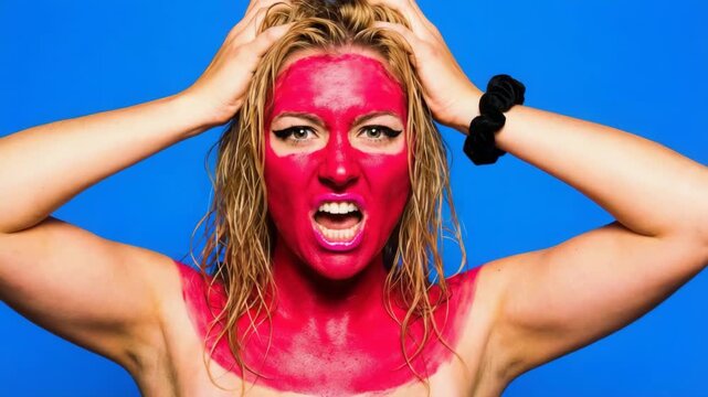 Vibrant expression of raw emotion with bold colors and fierce energy captured in a bright setting