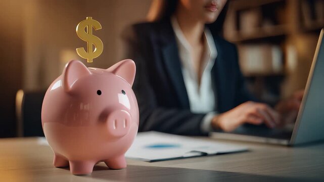 Pink piggy bank on office desk with golden dollar sign appearing, symbolizing savings and financial planning