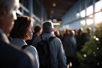Fototapeta premium A crowded airport terminal showcases travelers patiently waiting in line amidst the hustle and bustle, capturing the essence of modern travel and anticipation in a busy setting.