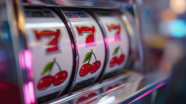 Slot machine showing cherries and sevens in a casino setting  