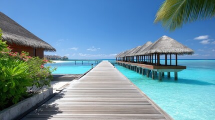 Fototapeta premium Wooden pier extending over turquoise water towards thatched-roof bungalows under a clear blue sky in the Maldives, showcasing tropical paradise scenery