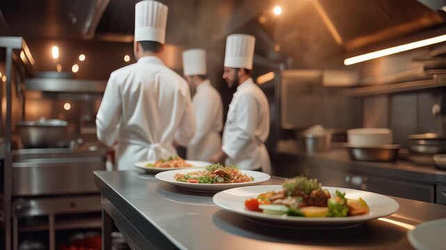 Professional chefs preparing gourmet dishes in a commercial kitchen with plated meals on a counter, slow motion footage, symbolizing culinary expertise and fine dining
