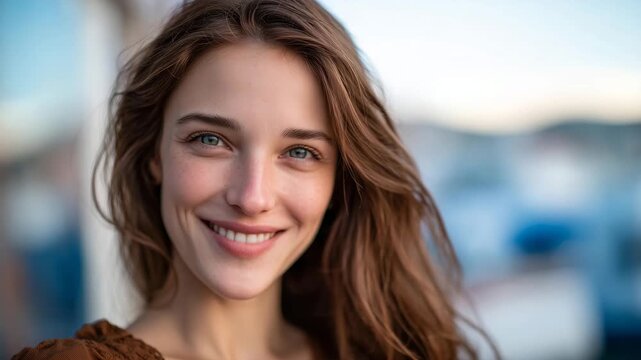 184Woman with long brown hair shown with a natural warm smile, soft daylight illuminating her face, shallow depth of field, blurred neutral background, realistic lifestyle portrait ph