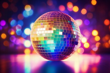 Disco ball reflecting colorful lights and bokeh, creating a festive party atmosphere