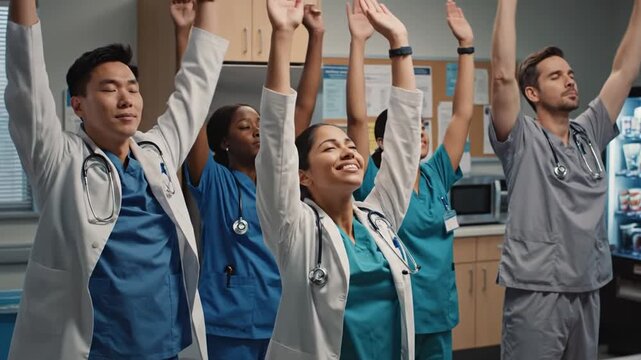 Diverse medical team standing with eyes closed in hospital