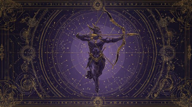 Sagittarius zodiac sign illustration featuring a centaur archer with bow and arrow, surrounded by celestial patterns and astrological symbols on a purple background