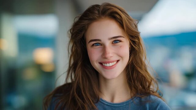 191Woman with long brown hair smiling openly, candid expression, soft diffused daylight, blurred background, authentic and relatable portrait photography