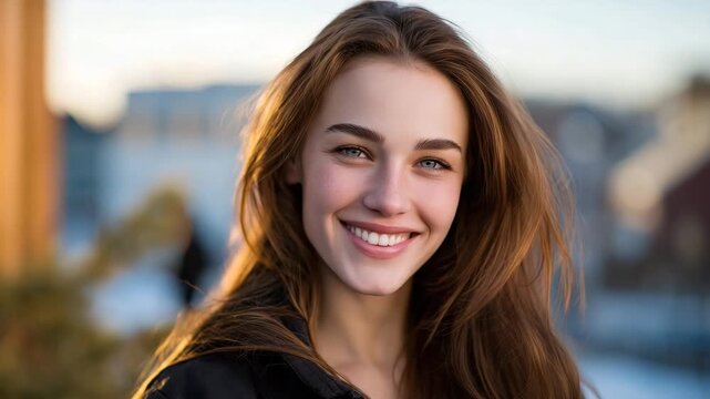 192Woman with long brown hair smiling openly, candid expression, soft diffused daylight, blurred background, authentic and relatable portrait photography