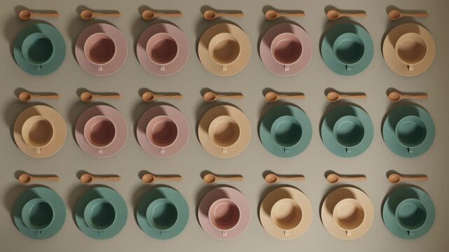 Top view of colorful coffee cups with wooden spoons.