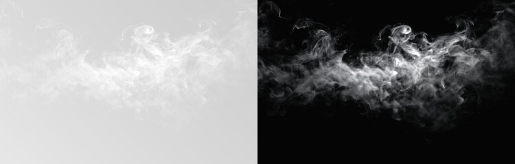 Realistic white smoke trail, mystical fog clouds and steam wave isolated on white background. Misty smoke trail for overlay png  © Alehandro