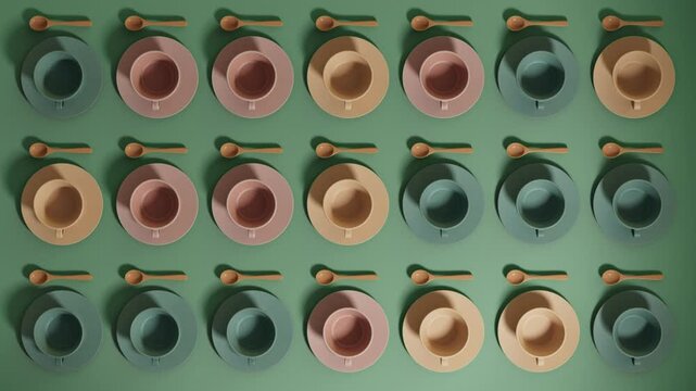 Pastel coffee cups pattern on a muted green background.
