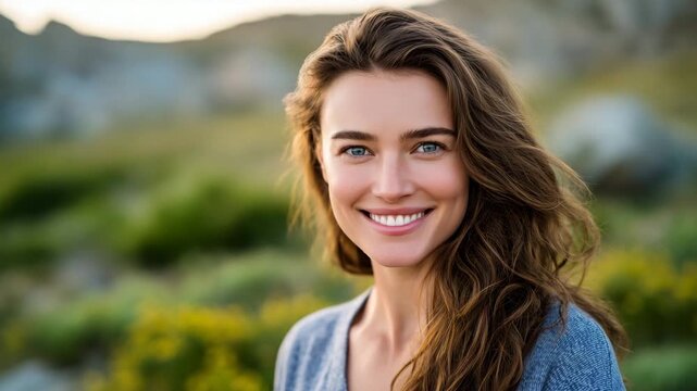 199Woman with long brown hair smiling in a natural candid pose, warm daylight tones, defocused background, clean and approachable portrait photography