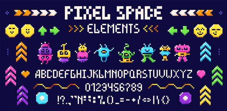 Color images of pixel art monsters, arrows, alphabet on blue background.