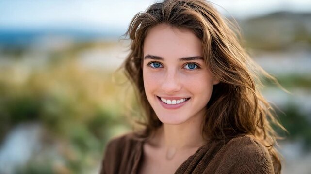 204Woman with long brown hair smiling in a natural candid pose, warm daylight tones, defocused background, clean and approachable portrait photography
