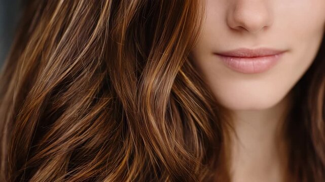 207Close-up of a woman&rsquo;s brown hair, rich natural tones and soft highlights visible, individual strands sharply detailed, shallow depth of field, blurred neutral background, beauty ph