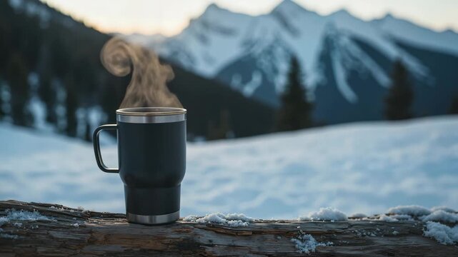 Hot coffee mug with steam on snowy mountain background  