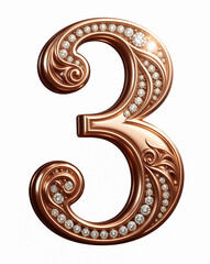 Number 3 polished rose gold with diamond accents and floral engraving on white for festive branding and jewelry design, elegant celebratory concept