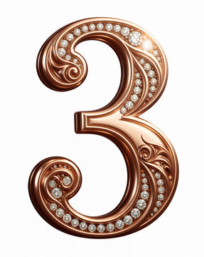 Number 3 polished rose gold with diamond accents and floral engraving on white for festive branding and jewelry design, elegant celebratory concept