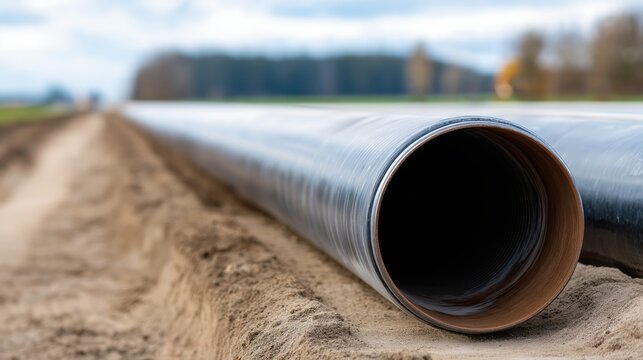 Long black pipeline installed on sandy ground in rural landscape  