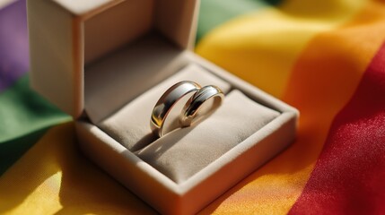 Fototapeta premium Two wedding rings displayed in a white box on rainbow fabric 