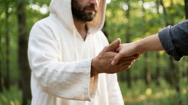 Jesus In White Hooded Robe Gently Helping Young Man Up In Serene Sunlit Green Forest Setting, tailored for inspirational religious broadcasts.