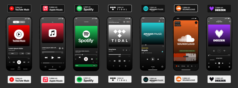 Music Streaming App Interface Mockup with YouTube Music, Apple Music, Spotify, Tidal, Amazon Music, SoundCloud and Deezer Music Players