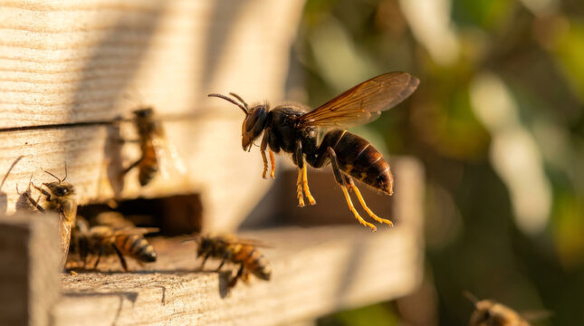 Asian Hornet hovering near the honey bee hive entrance, threatening bees.