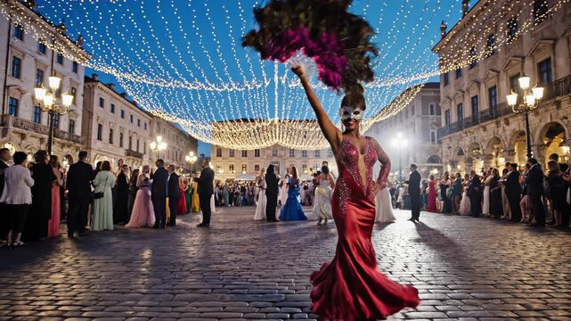 Elegant woman in red gown and mask twirls with feather fan at a festive outdoor gala under string lights, surrounded by elegantly dressed guests in a historic plaza