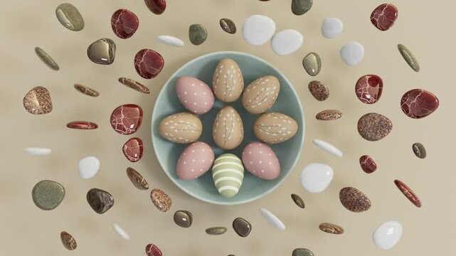 Decorative stones levitating around a bowl of colorful easter eggs.