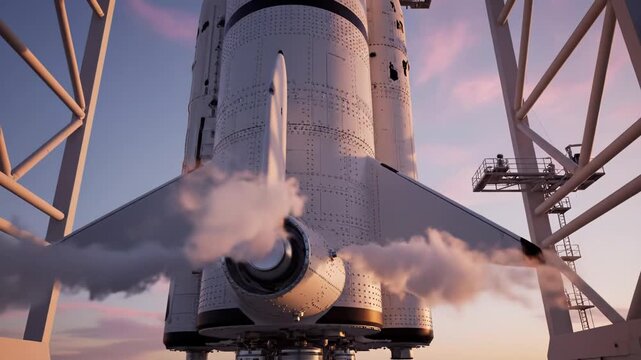 Rocket engine exhaust emits vapor as the spacecraft prepares for launch, showcasing the powerful propulsion system and structural details in a launch pad setting