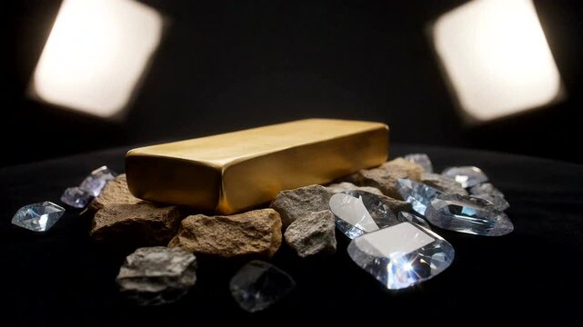Showcasing a stunning gold bar surrounded by sparkling gems and stones on a sleek black background.