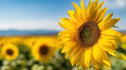 Fototapeta premium Bright sunflower blooming in a field under clear blue sky 