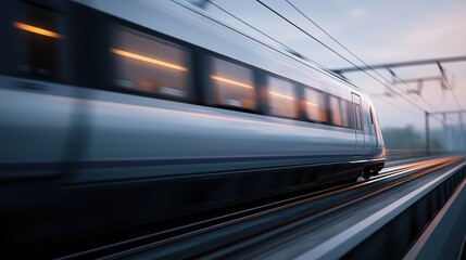 Fototapeta premium High-speed train moving swiftly along tracks during twilight 